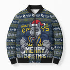 Personalized Cowboys Christmas Bomber Puffer Jacket Australian Rugby Fans - Pixelated Ugly Xmas Pattern Mascot Santa