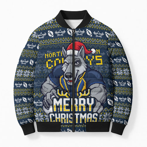 Personalized Cowboys Christmas Bomber Puffer Jacket Australian Rugby Fans - Pixelated Ugly Xmas Pattern Mascot Santa