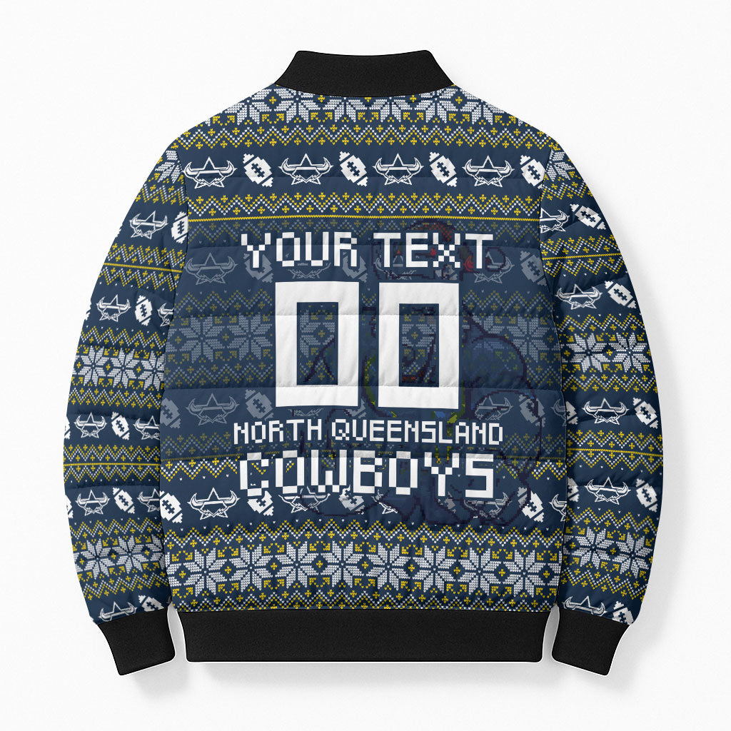 Personalized Cowboys Christmas Bomber Puffer Jacket Australian Rugby Fans - Pixelated Ugly Xmas Pattern Mascot Santa
