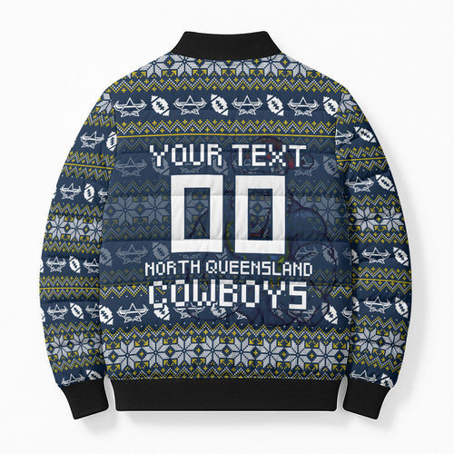 Personalized Cowboys Christmas Bomber Puffer Jacket Australian Rugby Fans - Pixelated Ugly Xmas Pattern Mascot Santa
