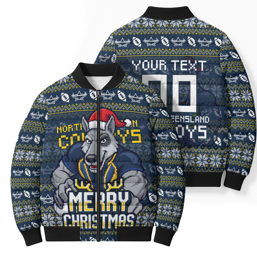 Personalized Cowboys Christmas Bomber Puffer Jacket Australian Rugby Fans - Pixelated Ugly Xmas Pattern Mascot Santa
