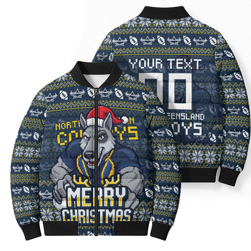 Personalized Cowboys Christmas Bomber Puffer Jacket Australian Rugby Fans - Pixelated Ugly Xmas Pattern Mascot Santa