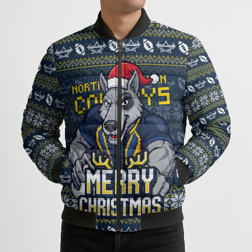 Personalized Cowboys Christmas Bomber Puffer Jacket Australian Rugby Fans - Pixelated Ugly Xmas Pattern Mascot Santa
