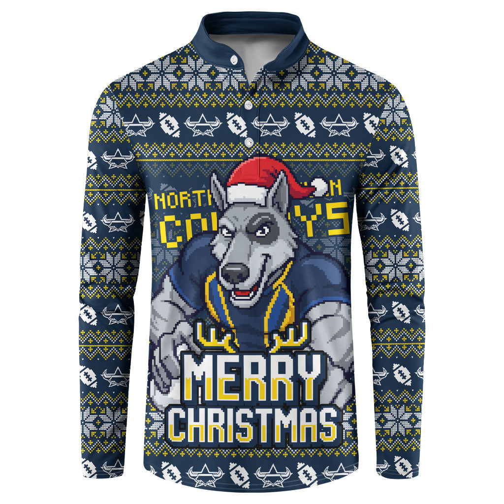 Personalized Cowboys Christmas Button Sweatshirt Australian Rugby Fans - Pixelated Ugly Xmas Pattern Mascot Santa