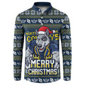 Personalized Cowboys Christmas Button Sweatshirt Australian Rugby Fans - Pixelated Ugly Xmas Pattern Mascot Santa