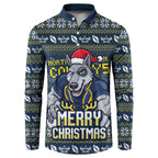Personalized Cowboys Christmas Button Sweatshirt Australian Rugby Fans - Pixelated Ugly Xmas Pattern Mascot Santa