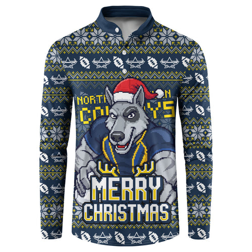 Personalized Cowboys Christmas Button Sweatshirt Australian Rugby Fans - Pixelated Ugly Xmas Pattern Mascot Santa