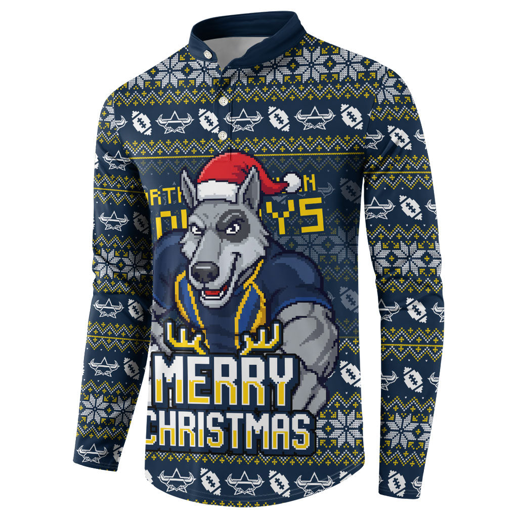 Personalized Cowboys Christmas Button Sweatshirt Australian Rugby Fans - Pixelated Ugly Xmas Pattern Mascot Santa