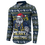 Personalized Cowboys Christmas Button Sweatshirt Australian Rugby Fans - Pixelated Ugly Xmas Pattern Mascot Santa