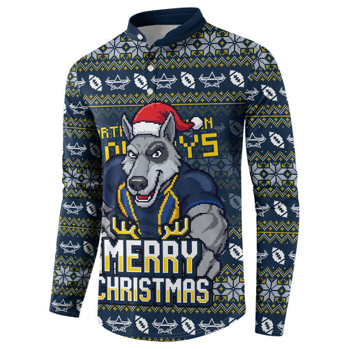 Personalized Cowboys Christmas Button Sweatshirt Australian Rugby Fans - Pixelated Ugly Xmas Pattern Mascot Santa