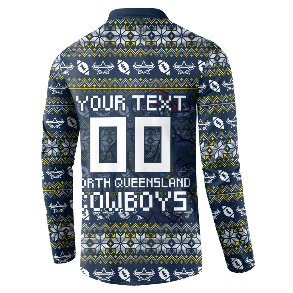 Personalized Cowboys Christmas Button Sweatshirt Australian Rugby Fans - Pixelated Ugly Xmas Pattern Mascot Santa