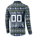 Personalized Cowboys Christmas Button Sweatshirt Australian Rugby Fans - Pixelated Ugly Xmas Pattern Mascot Santa