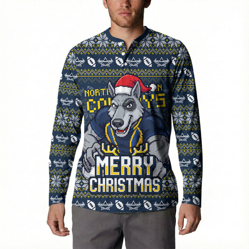 Personalized Cowboys Christmas Button Sweatshirt Australian Rugby Fans - Pixelated Ugly Xmas Pattern Mascot Santa