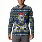 Personalized Cowboys Christmas Button Sweatshirt Australian Rugby Fans - Pixelated Ugly Xmas Pattern Mascot Santa