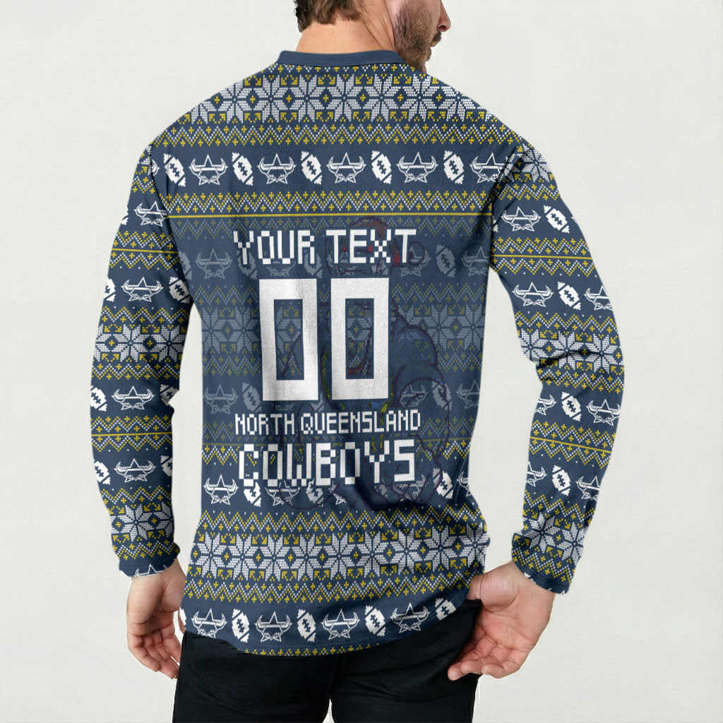 Personalized Cowboys Christmas Button Sweatshirt Australian Rugby Fans - Pixelated Ugly Xmas Pattern Mascot Santa