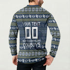 Personalized Cowboys Christmas Button Sweatshirt Australian Rugby Fans - Pixelated Ugly Xmas Pattern Mascot Santa
