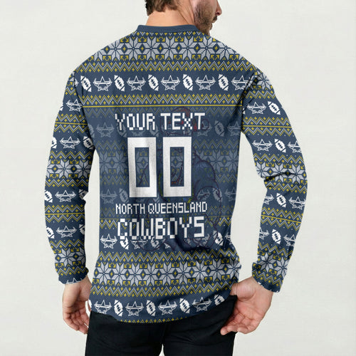 Personalized Cowboys Christmas Button Sweatshirt Australian Rugby Fans - Pixelated Ugly Xmas Pattern Mascot Santa