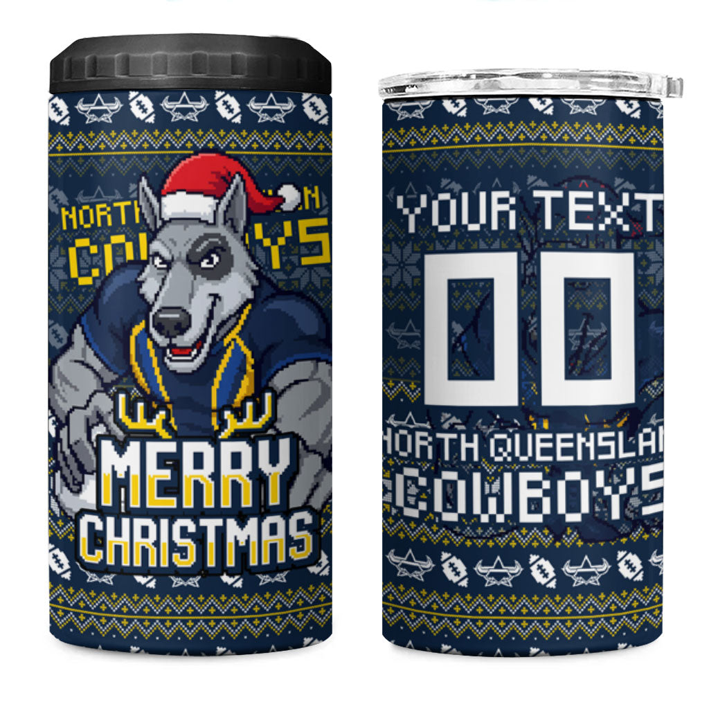 Personalized Cowboys Christmas 4 in 1 Can Cooler Tumbler Australian Rugby Fans - Pixelated Ugly Xmas Pattern Mascot Santa