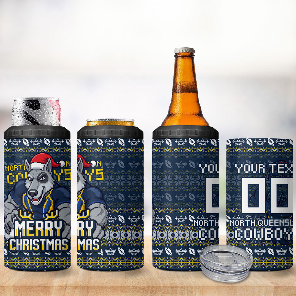 Personalized Cowboys Christmas 4 in 1 Can Cooler Tumbler Australian Rugby Fans - Pixelated Ugly Xmas Pattern Mascot Santa