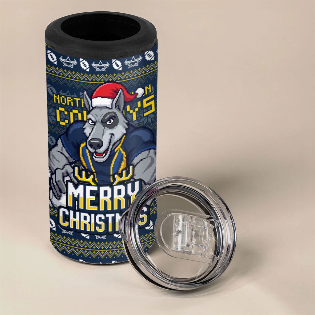 Personalized Cowboys Christmas 4 in 1 Can Cooler Tumbler Australian Rugby Fans - Pixelated Ugly Xmas Pattern Mascot Santa
