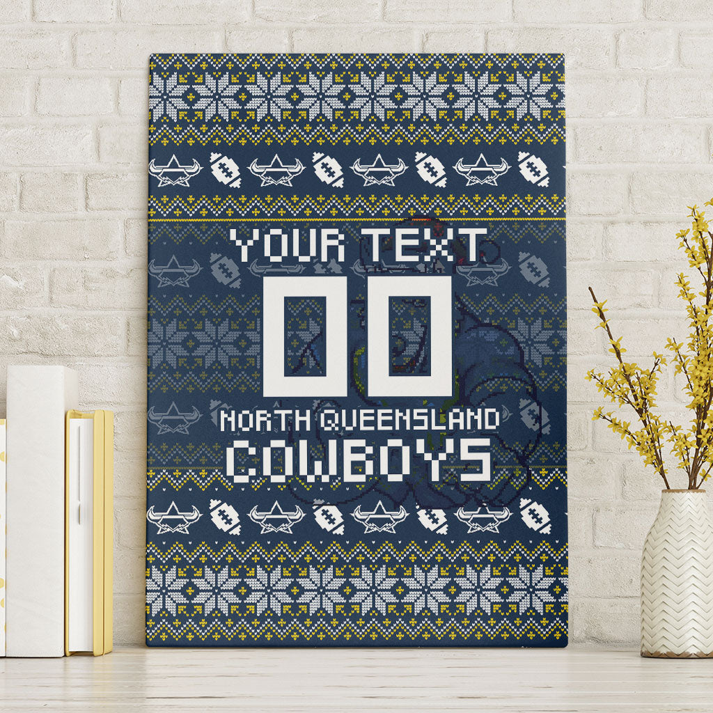 Personalized Cowboys Christmas Canvas Wall Art Australian Rugby Fans - Pixelated Ugly Xmas Pattern Mascot Santa