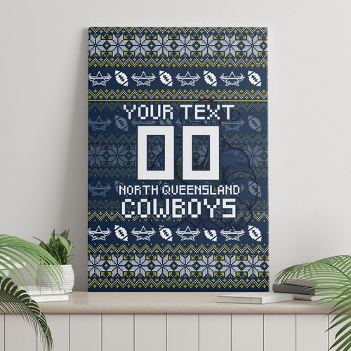 Personalized Cowboys Christmas Canvas Wall Art Australian Rugby Fans - Pixelated Ugly Xmas Pattern Mascot Santa