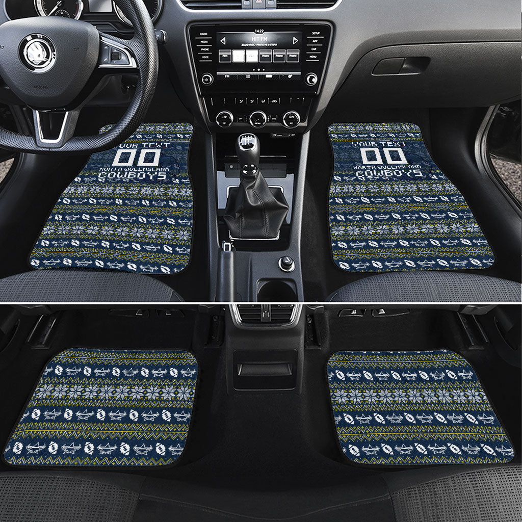 Personalized Cowboys Christmas Car Mats Australian Rugby Fans - Pixelated Ugly Xmas Pattern Mascot Santa