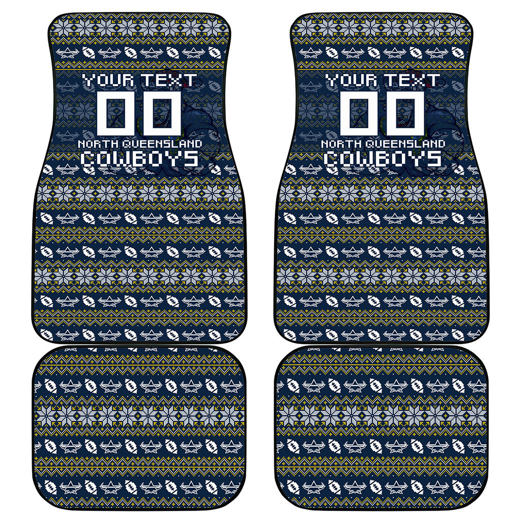 Personalized Cowboys Christmas Car Mats Australian Rugby Fans - Pixelated Ugly Xmas Pattern Mascot Santa