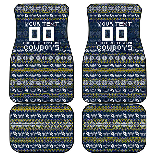 Personalized Cowboys Christmas Car Mats Australian Rugby Fans - Pixelated Ugly Xmas Pattern Mascot Santa