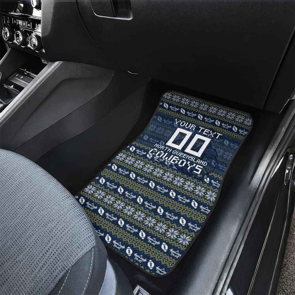 Personalized Cowboys Christmas Car Mats Australian Rugby Fans - Pixelated Ugly Xmas Pattern Mascot Santa
