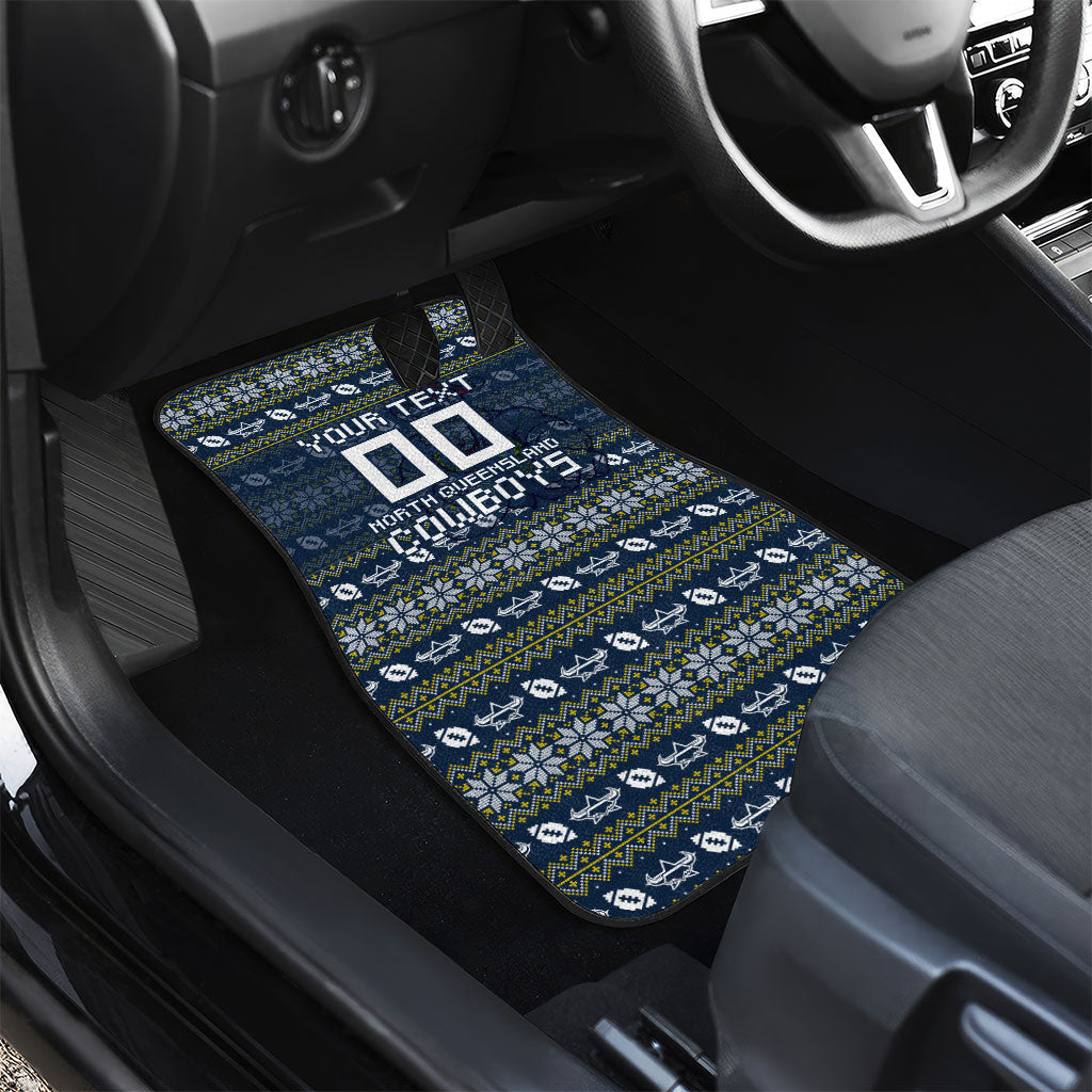Personalized Cowboys Christmas Car Mats Australian Rugby Fans - Pixelated Ugly Xmas Pattern Mascot Santa