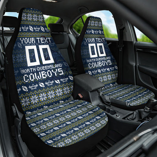 Personalized Cowboys Christmas Car Seat Cover Australian Rugby Fans - Pixelated Ugly Xmas Pattern Mascot Santa