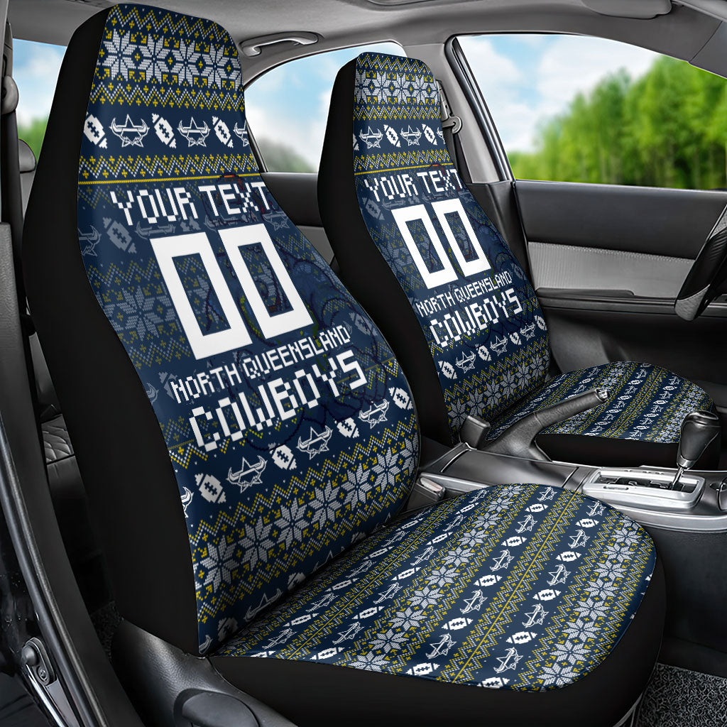Personalized Cowboys Christmas Car Seat Cover Australian Rugby Fans - Pixelated Ugly Xmas Pattern Mascot Santa