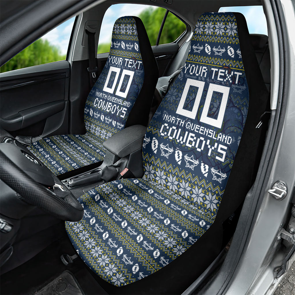 Personalized Cowboys Christmas Car Seat Cover Australian Rugby Fans - Pixelated Ugly Xmas Pattern Mascot Santa