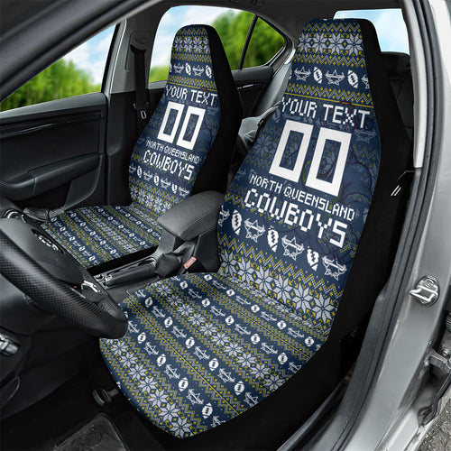 Personalized Cowboys Christmas Car Seat Cover Australian Rugby Fans - Pixelated Ugly Xmas Pattern Mascot Santa
