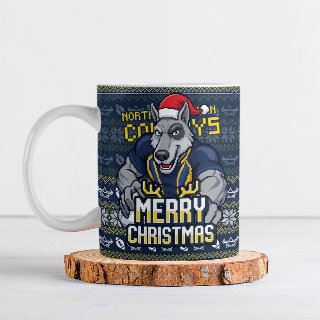 Personalized Cowboys Christmas Ceramic Mug Australian Rugby Fans - Pixelated Ugly Xmas Pattern Mascot Santa