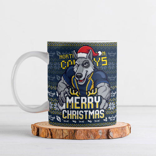 Personalized Cowboys Christmas Ceramic Mug Australian Rugby Fans - Pixelated Ugly Xmas Pattern Mascot Santa