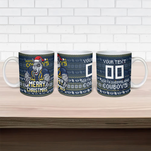 Personalized Cowboys Christmas Ceramic Mug Australian Rugby Fans - Pixelated Ugly Xmas Pattern Mascot Santa