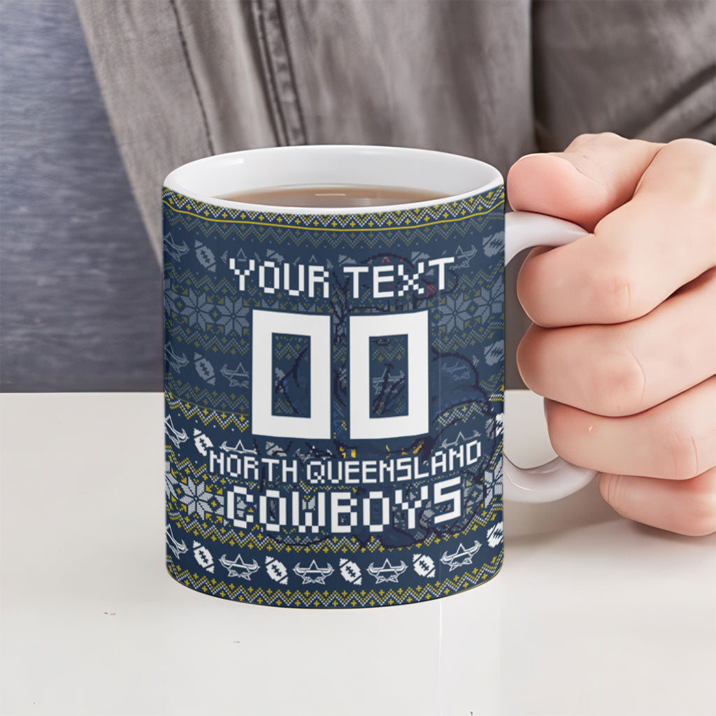 Personalized Cowboys Christmas Ceramic Mug Australian Rugby Fans - Pixelated Ugly Xmas Pattern Mascot Santa