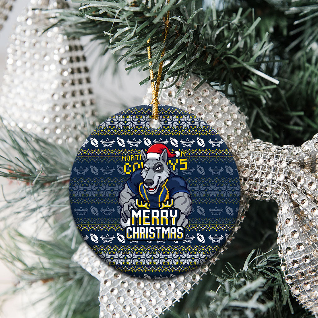 Cowboys Christmas Ceramic Ornament Australian Rugby Fans - Pixelated Ugly Xmas Pattern Mascot Santa