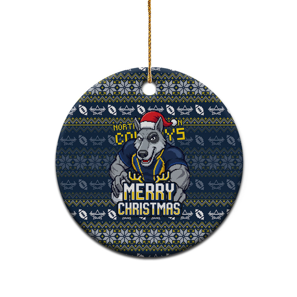 Cowboys Christmas Ceramic Ornament Australian Rugby Fans - Pixelated Ugly Xmas Pattern Mascot Santa