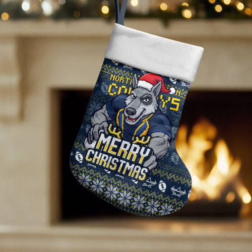 Cowboys Christmas Stocking Australian Rugby Fans - Pixelated Ugly Xmas Pattern Mascot Santa