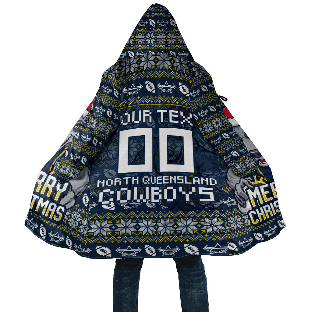 Personalized Cowboys Christmas Cloak Australian Rugby Fans - Pixelated Ugly Xmas Pattern Mascot Santa