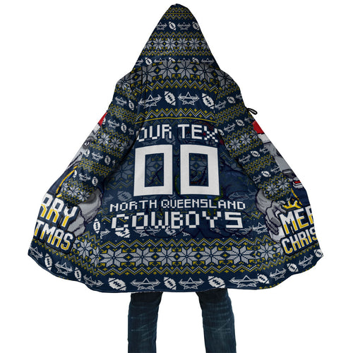 Personalized Cowboys Christmas Cloak Australian Rugby Fans - Pixelated Ugly Xmas Pattern Mascot Santa