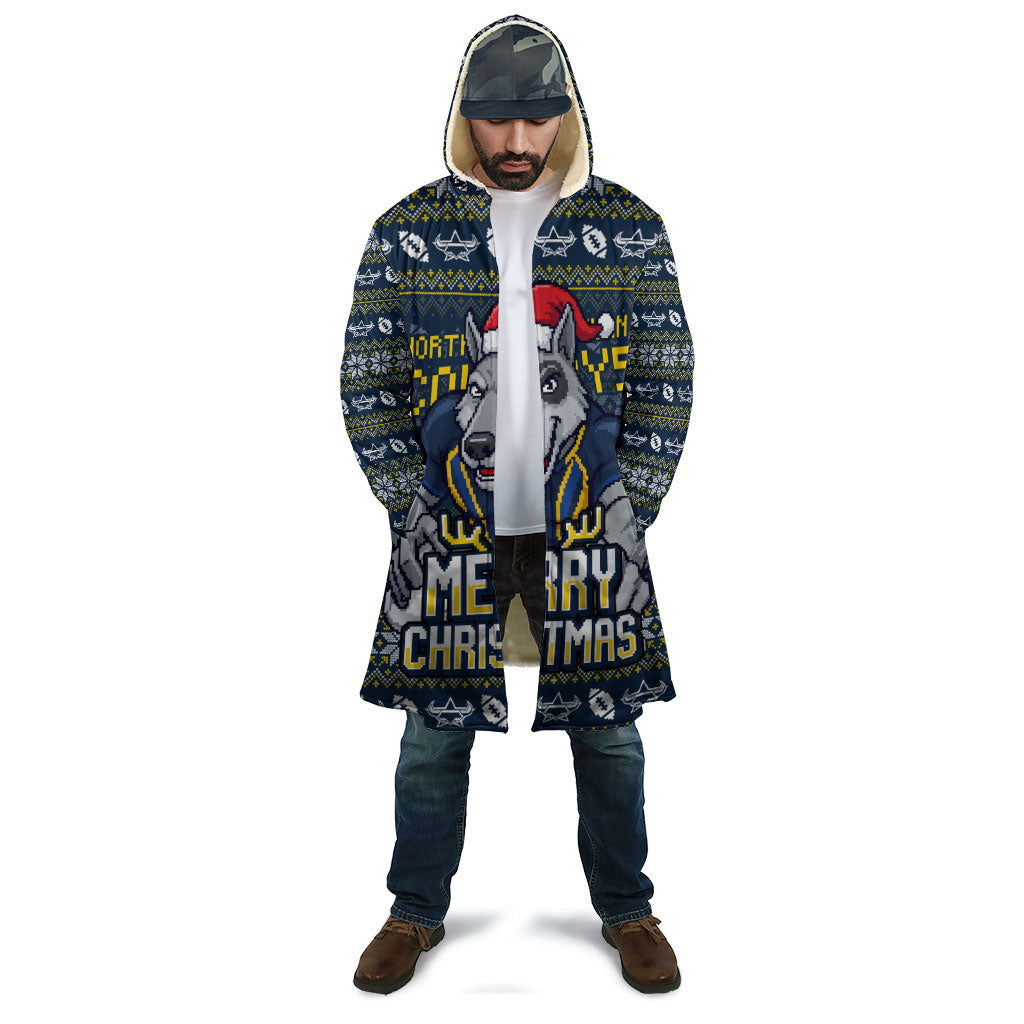 Personalized Cowboys Christmas Cloak Australian Rugby Fans - Pixelated Ugly Xmas Pattern Mascot Santa