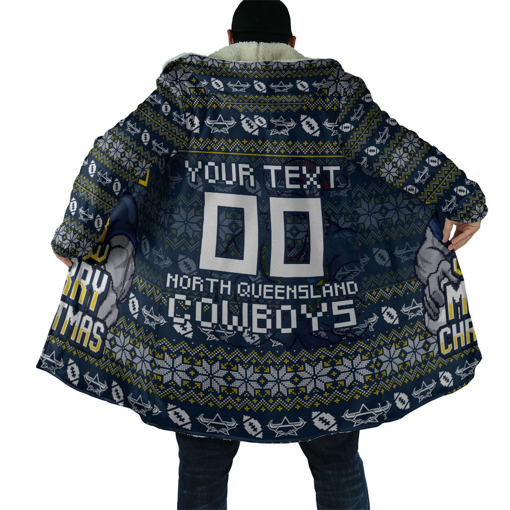 Personalized Cowboys Christmas Cloak Australian Rugby Fans - Pixelated Ugly Xmas Pattern Mascot Santa