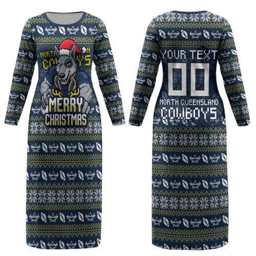 Personalized Cowboys Christmas Couples Matching Long Sleeve Bodycon Dress and Long Sleeve Button Shirt Australian Rugby Fans - Pixelated Ugly Xmas Pattern Mascot Santa