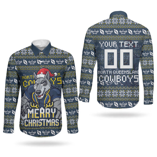 Personalized Cowboys Christmas Couples Matching Mermaid Dress and Long Sleeve Button Shirt Australian Rugby Fans - Pixelated Ugly Xmas Pattern Mascot Santa
