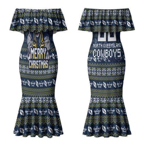 Personalized Cowboys Christmas Couples Matching Mermaid Dress and Long Sleeve Button Shirt Australian Rugby Fans - Pixelated Ugly Xmas Pattern Mascot Santa
