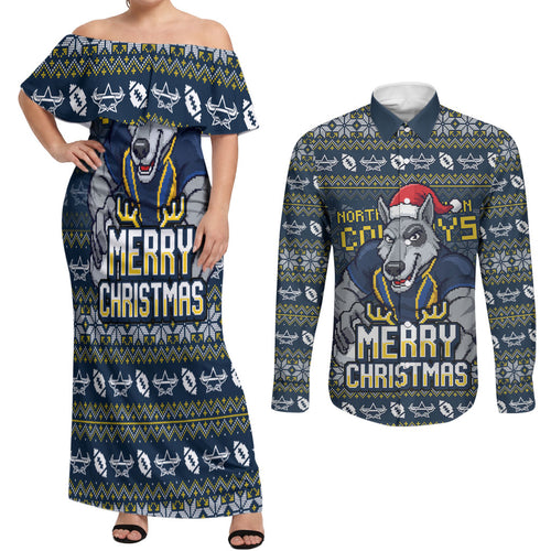 Personalized Cowboys Christmas Couples Matching Off Shoulder Maxi Dress and Long Sleeve Button Shirt Australian Rugby Fans - Pixelated Ugly Xmas Pattern Mascot Santa